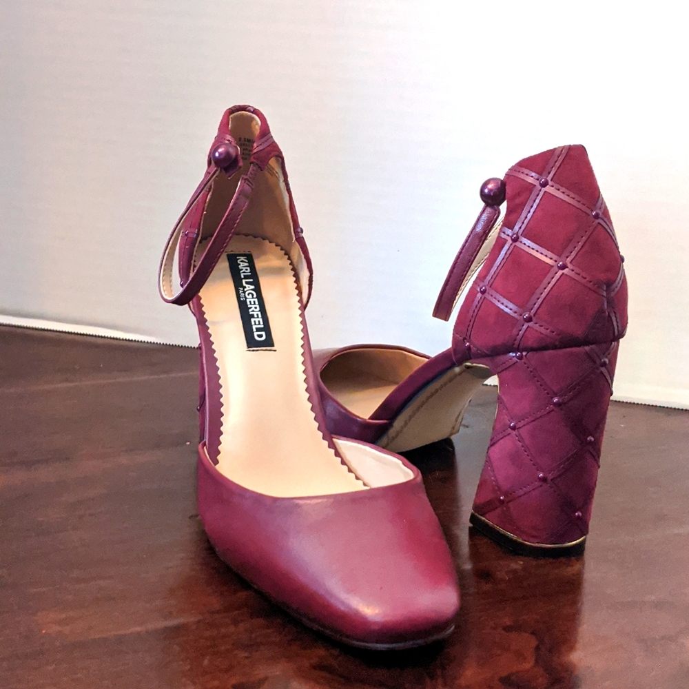 Karl Lagerfeld maroon with gold accent chunky heels